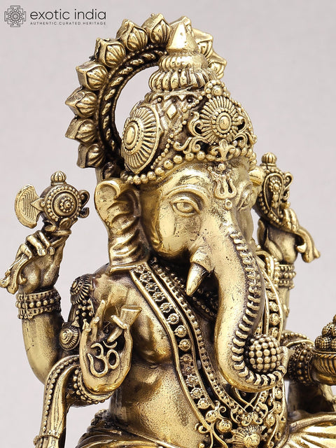 6" Chaturbhuja Lord Ganesha Seated on Lotus | Silver Plated Brass Statue