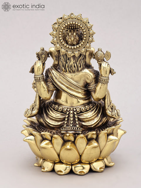 6" Chaturbhuja Lord Ganesha Seated on Lotus | Silver Plated Brass Statue