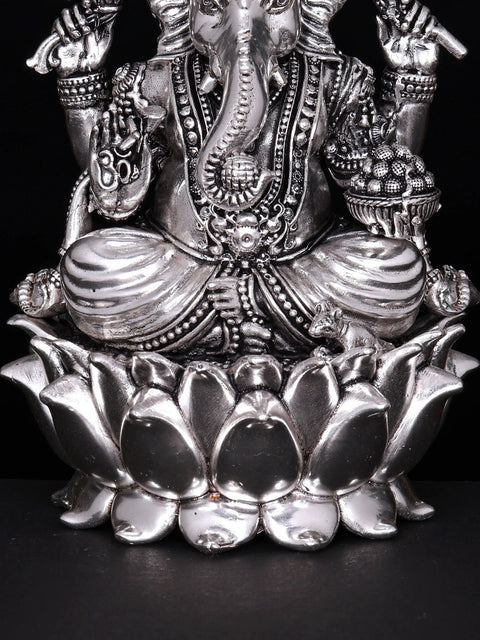 6" Chaturbhuja Lord Ganesha Seated on Lotus | Silver Plated Brass Statue