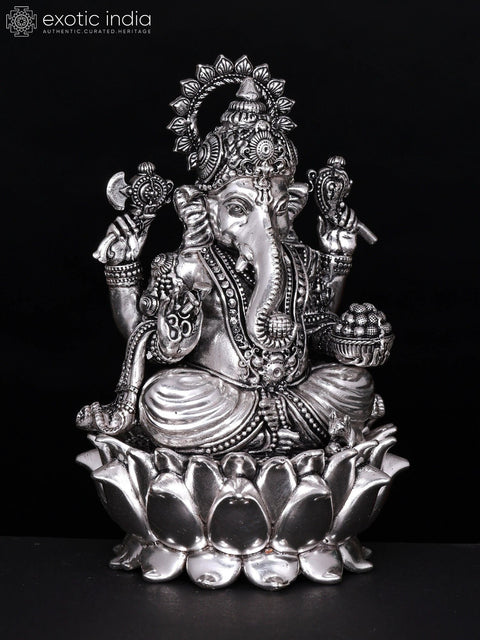 6" Chaturbhuja Lord Ganesha Seated on Lotus | Silver Plated Brass Statue