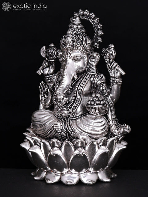 6" Chaturbhuja Lord Ganesha Seated on Lotus | Silver Plated Brass Statue