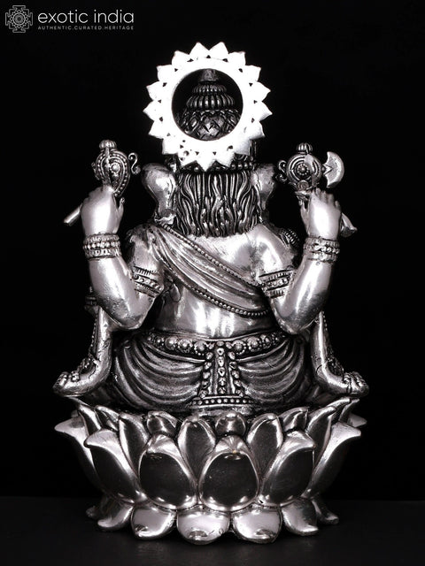6" Chaturbhuja Lord Ganesha Seated on Lotus | Silver Plated Brass Statue
