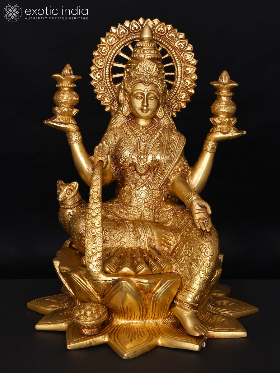 11" Brass Devi Lakshmi Seated on Lotus Statue for Pooja