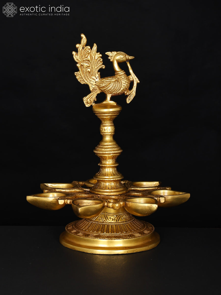 12" Brass Peacock Oil Lamp Seven Wicks Home Decor