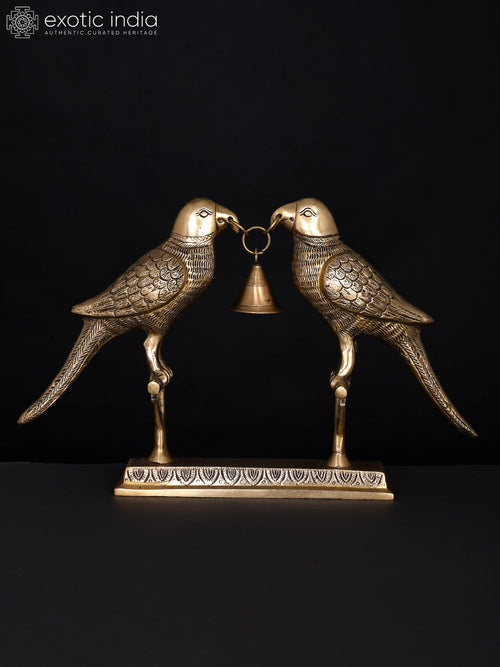 14" Brass Parrots with Bell Home Decor Statue