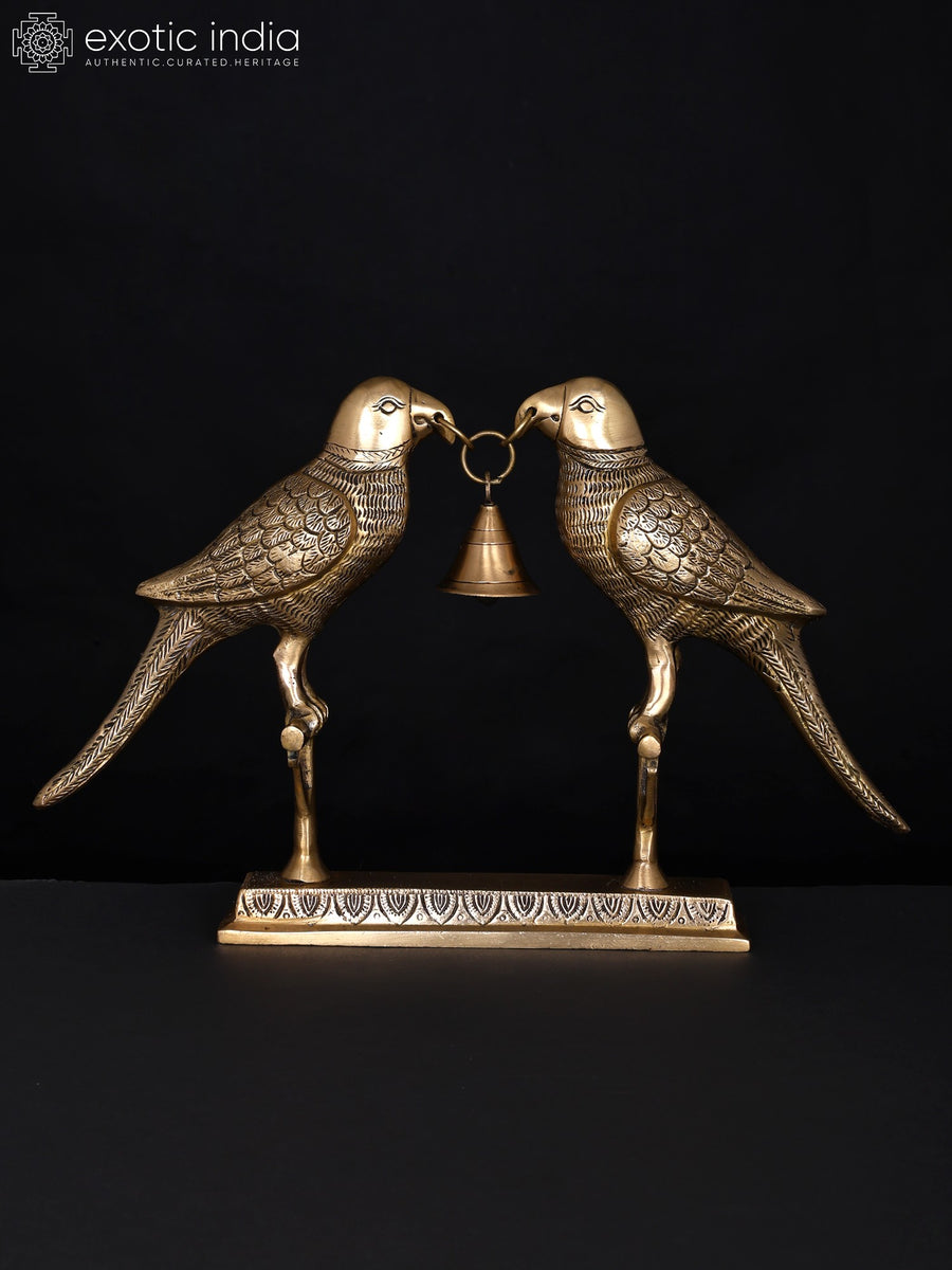 14" Brass Parrots with Bell Home Decor Statue