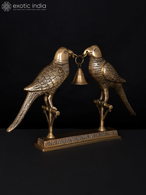 14" Brass Pair of Parrots with a Bell | Table Decor