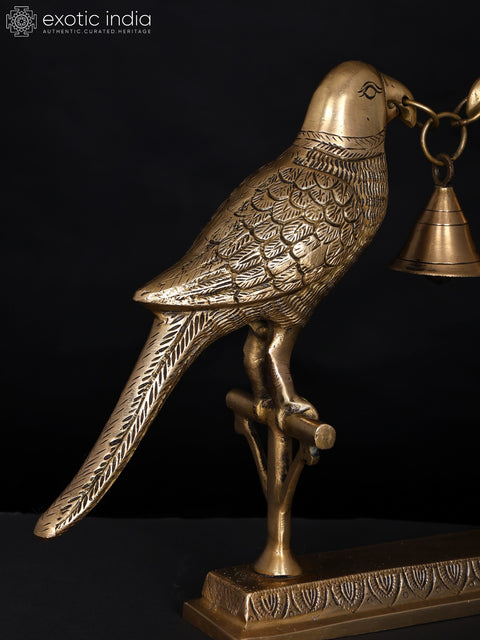 14" Brass Pair of Parrots with a Bell | Table Decor