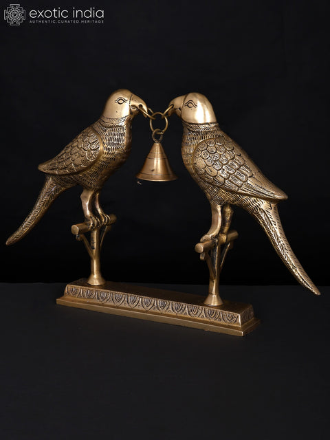 14" Brass Pair of Parrots with a Bell | Table Decor
