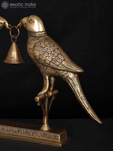 14" Brass Pair of Parrots with a Bell | Table Decor