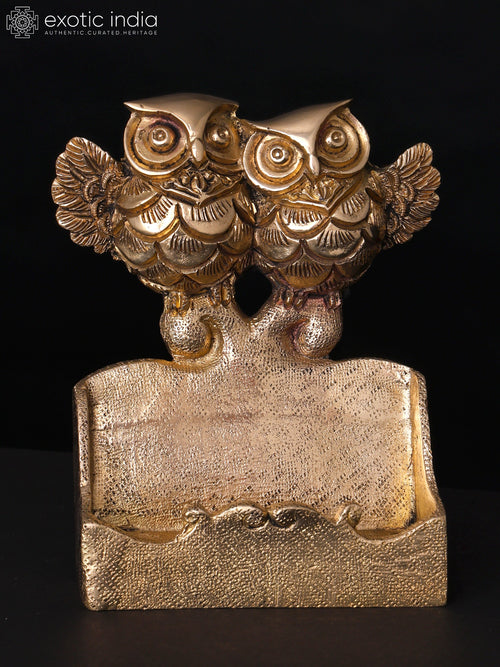 5" Pair of Happy Owls Brass Card Holder