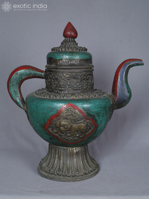18" Tiger Brass Teapot With Inlay Work Home Decor Sculpture