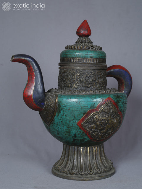 18" Tiger Carved Designer Brass With Inlay Work Tea Pot For Home