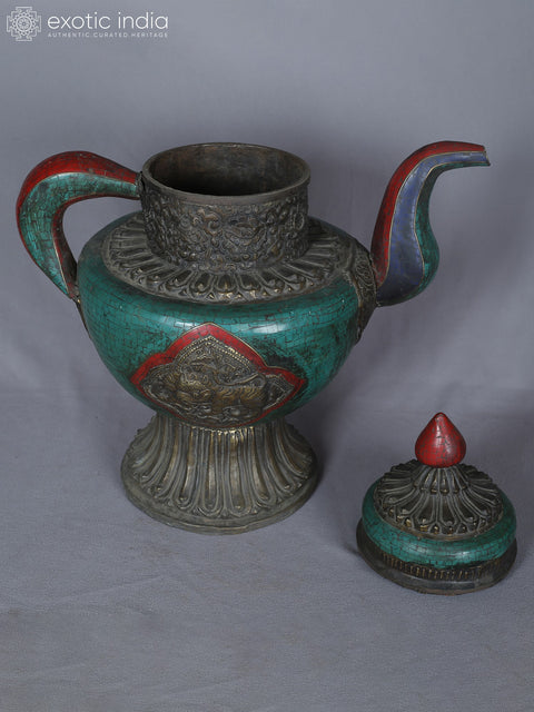 18" Tiger Carved Designer Brass With Inlay Work Tea Pot For Home