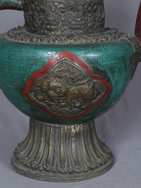 18" Tiger Carved Designer Brass With Inlay Work Tea Pot For Home