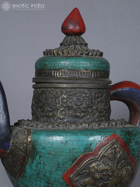 18" Tiger Carved Designer Brass With Inlay Work Tea Pot For Home