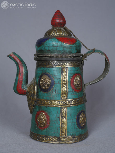 10" Ashtamangala Tea Pot With Handle In Brass With Inlay Work