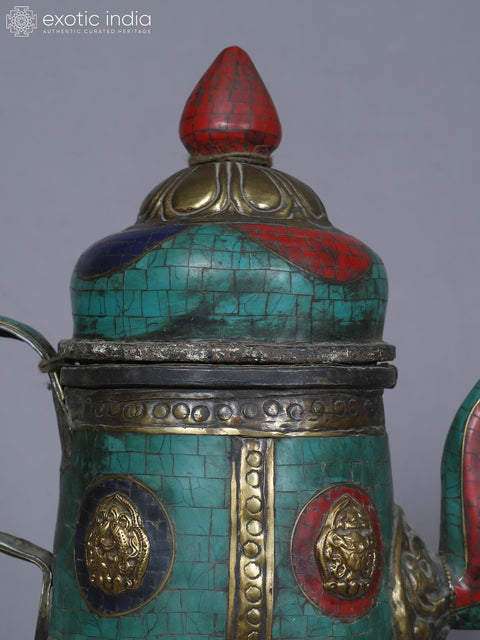 10" Ashtamangala Tea Pot With Handle In Brass With Inlay Work