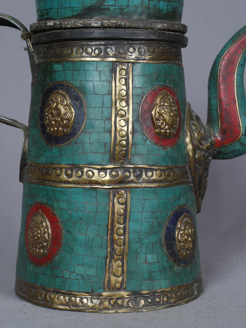 10" Ashtamangala Tea Pot With Handle In Brass With Inlay Work