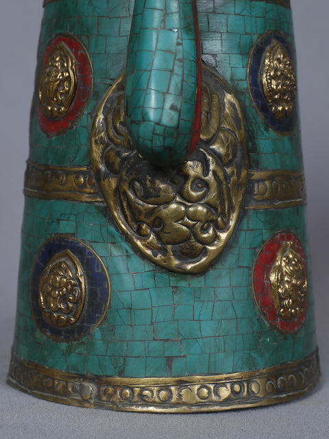 10" Ashtamangala Tea Pot With Handle In Brass With Inlay Work