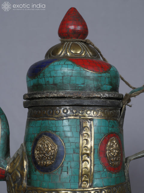 10" Ashtamangala Tea Pot With Handle In Brass With Inlay Work