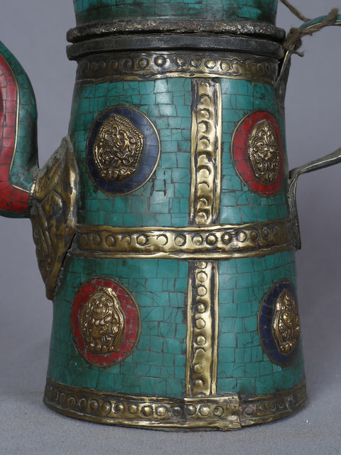 10" Ashtamangala Tea Pot With Handle In Brass With Inlay Work