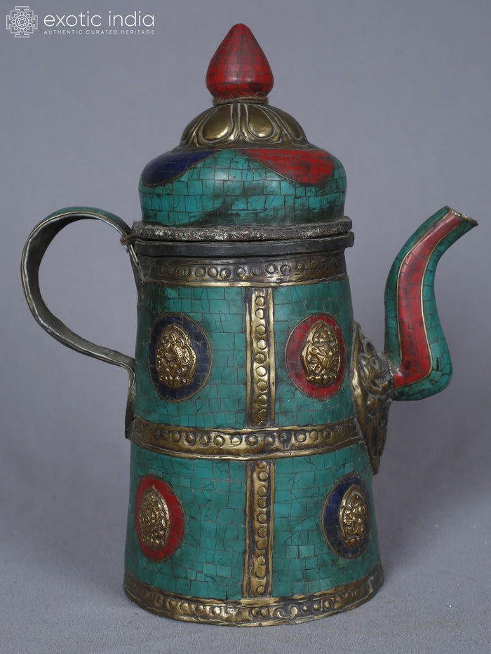 10" Ashtamangala Brass Tea Pot With Handle and Inlay Work