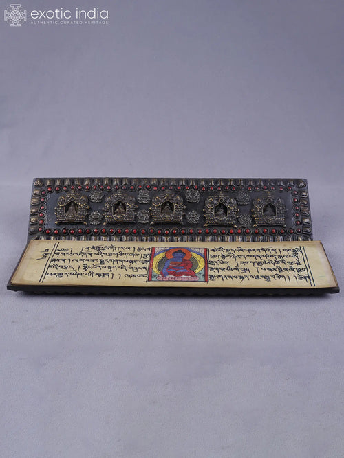 1" Tibetan Buddhist Brass Book Cover with Ritual Engravings and Inlay