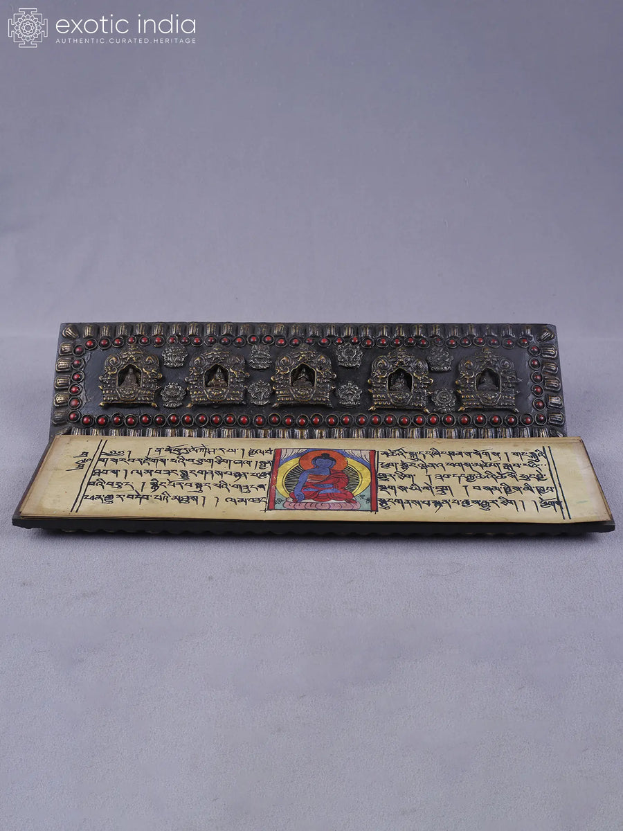 1" Tibetan Buddhist Brass Book Cover with Ritual Engravings and Inlay