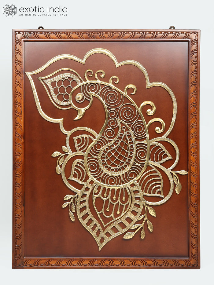 58" Large Wood Framed Designer Peacock in Brass | Wall Hanging