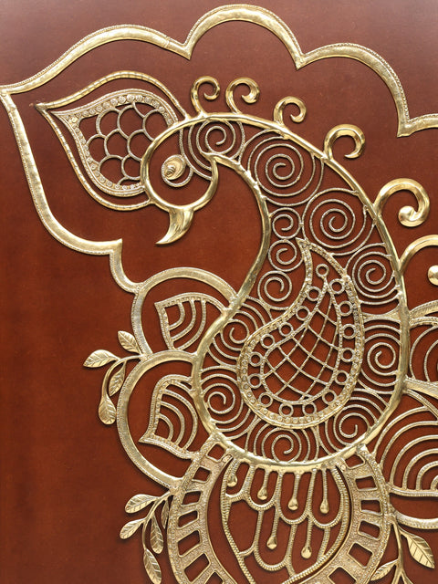 58" Large Wood Framed Designer Peacock in Brass | Wall Hanging