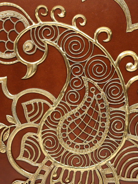 58" Large Wood Framed Designer Peacock in Brass | Wall Hanging