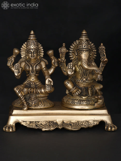 7" Brass Blessing Lakshmi Ganesha Statue for Home Decor