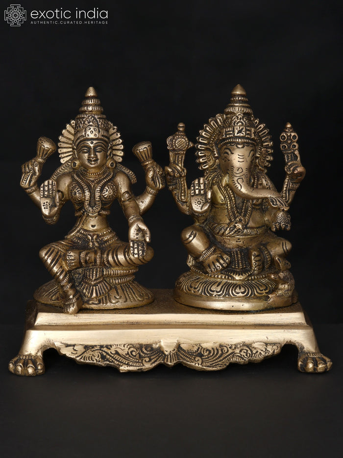 7" Brass Blessing Lakshmi Ganesha Statue for Home Decor