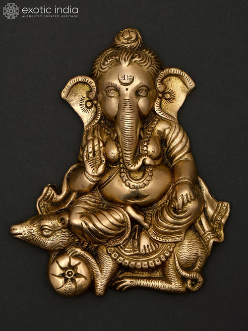 7" Blessing Lord Ganesha Seated on Mushak Brass Wall Hanging Statue