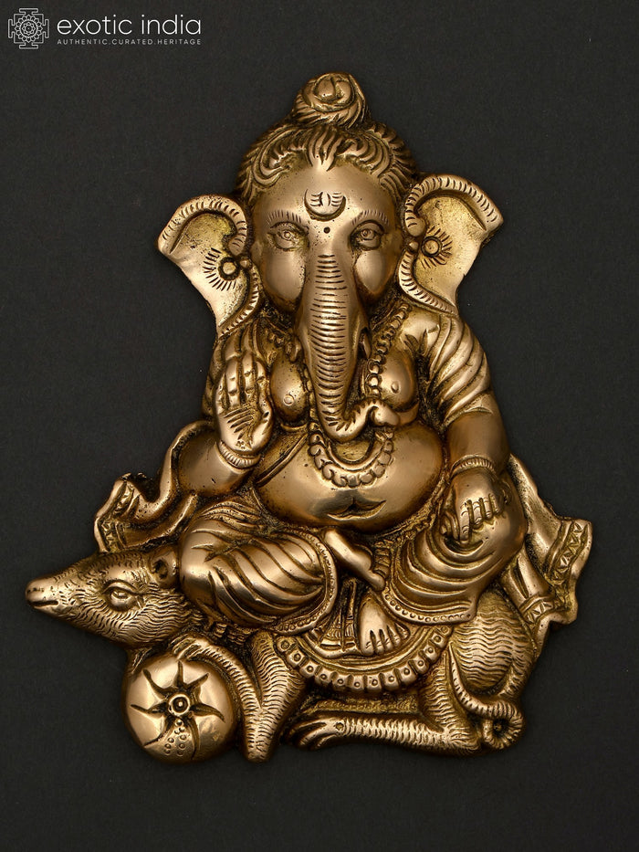 7" Blessing Lord Ganesha Seated on Mushak Brass Wall Hanging Statue