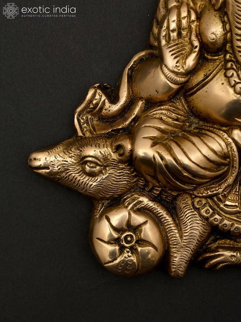 7" Blessing Lord Ganesha Seated on Mushak | Wall Hanging Brass Statue