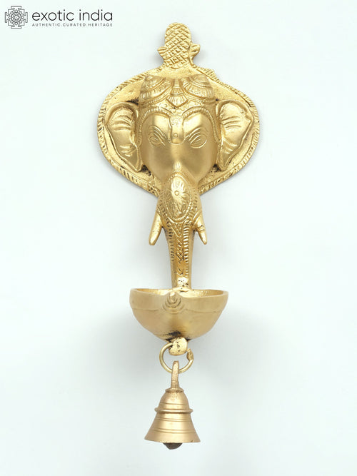 10" Lord Ganesha Brass Wall Hanging Diya with Bell
