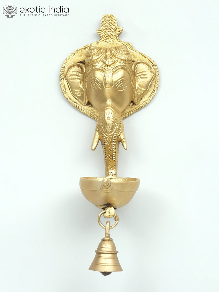 10" Lord Ganesha Brass Wall Hanging Diya with Bell