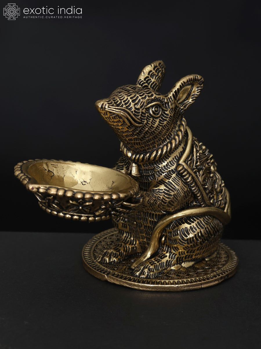 4" Small Mushak with Diya Brass Statue for Pooja