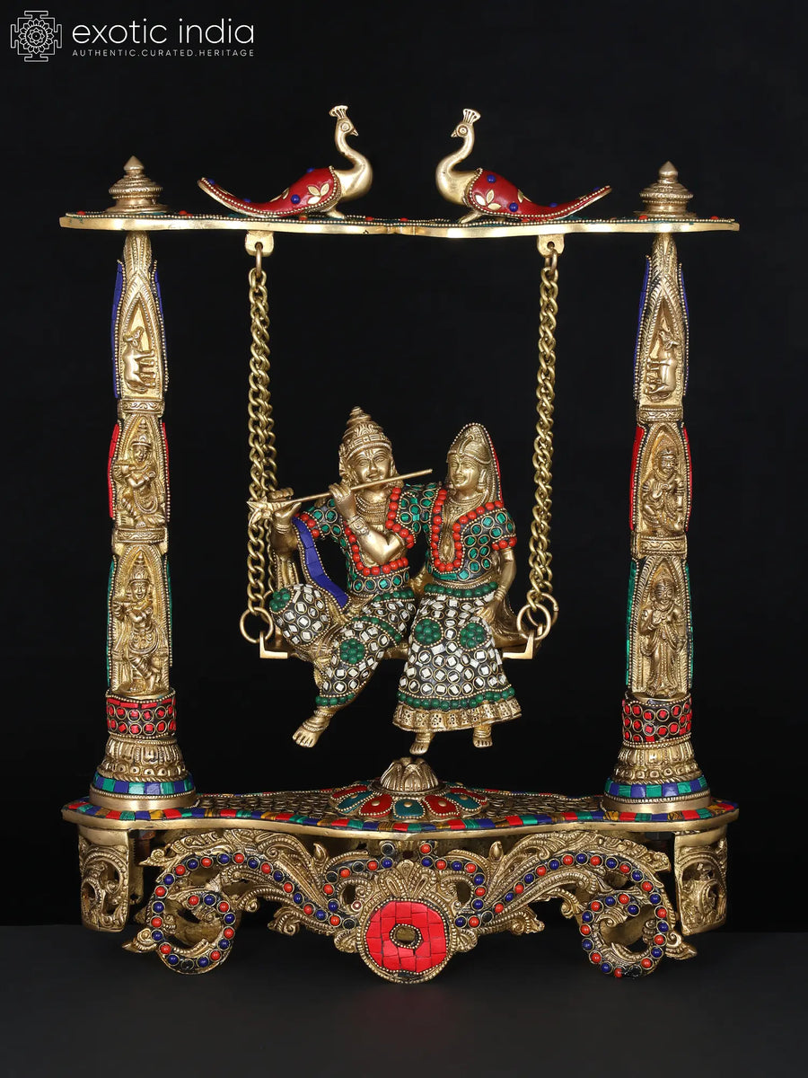 18" Radha Krishna Peacock Swing Brass Statue with Inlay Work