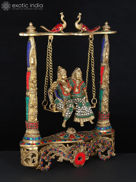 18" Radha Krishna on Peacock Swing | Brass Statue with Inlay Work