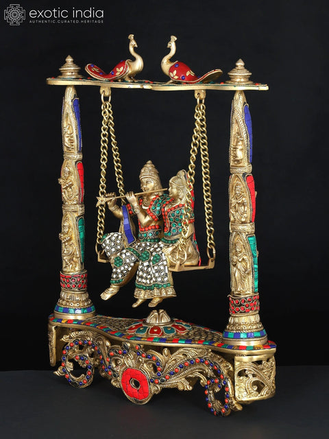 18" Radha Krishna on Peacock Swing | Brass Statue with Inlay Work