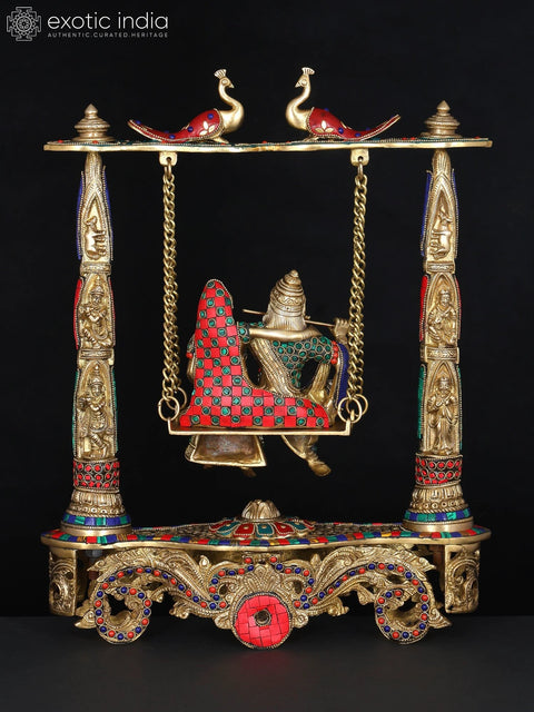 18" Radha Krishna on Peacock Swing | Brass Statue with Inlay Work