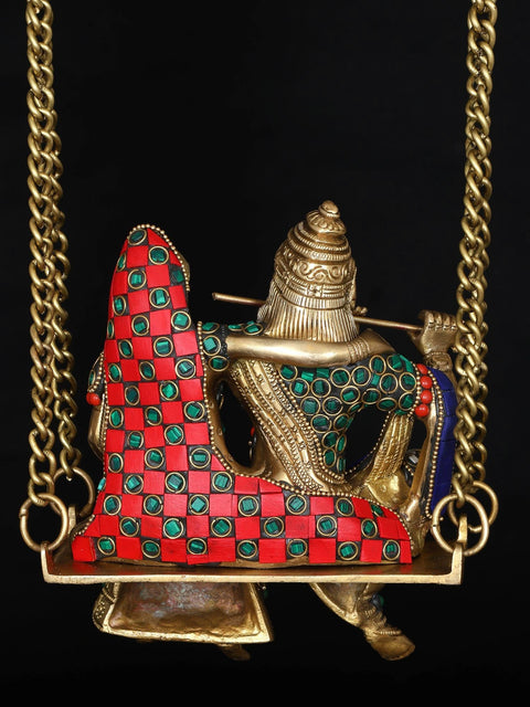18" Radha Krishna on Peacock Swing | Brass Statue with Inlay Work