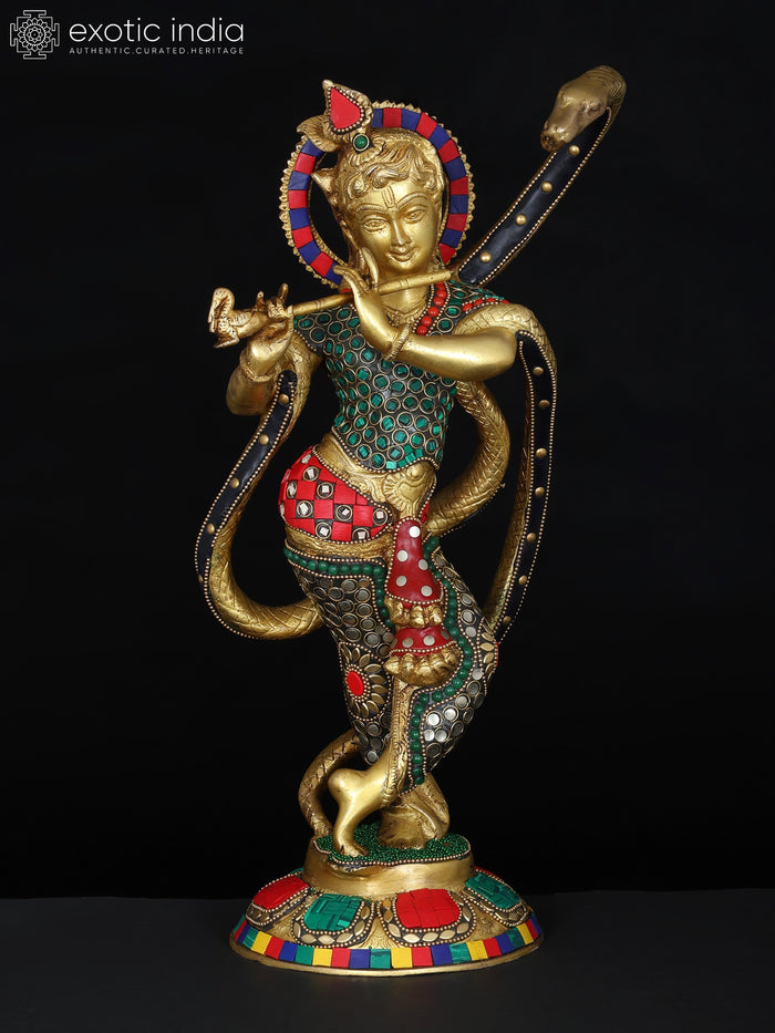 15" Krishna and Kaliya Handmade Brass Statue with Inlay Work