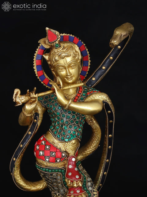 15" Shri Krishna and Kaliya | Brass Statue with Inlay Work
