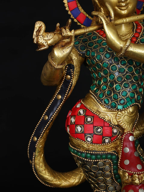 15" Shri Krishna and Kaliya | Brass Statue with Inlay Work