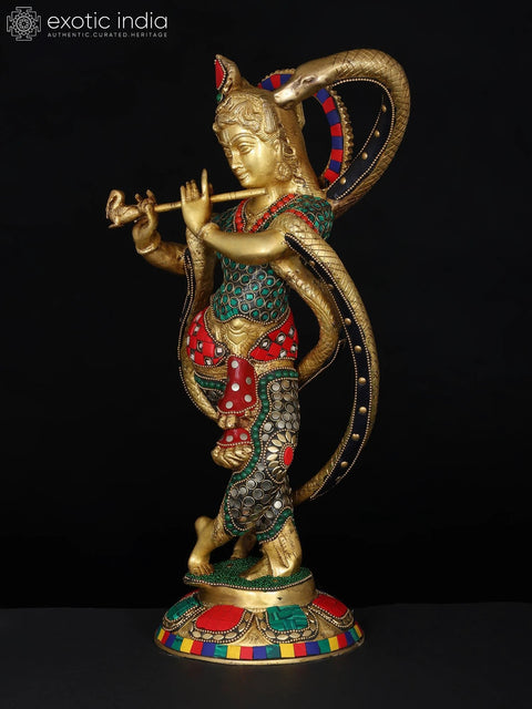 15" Shri Krishna and Kaliya | Brass Statue with Inlay Work