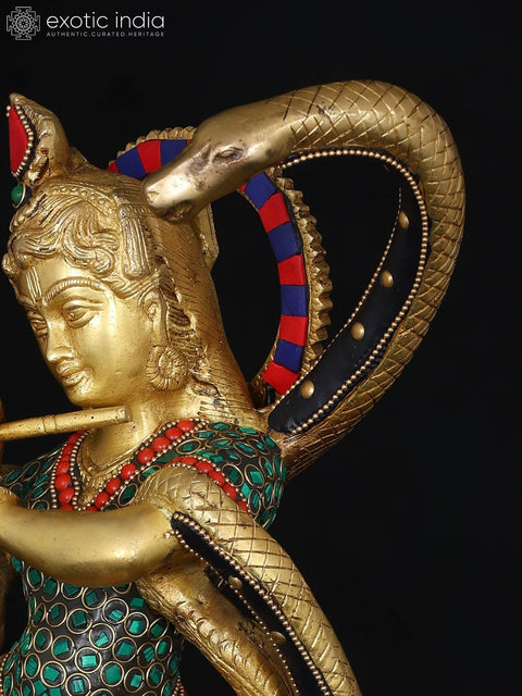 15" Shri Krishna and Kaliya | Brass Statue with Inlay Work